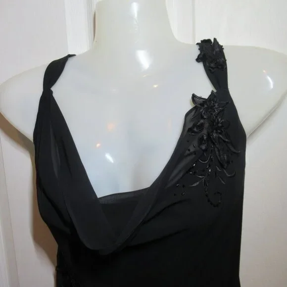 Adrianna Papell Black Chiffon Gown Floral Applique Beads EUC Whimsigoth Cowl - Picture 10 of 16